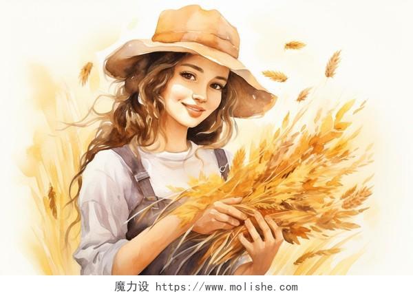 秋天戴草帽的农民双手捧着一把金黄的麦穗微笑着向前看卡通水彩AI插画立秋